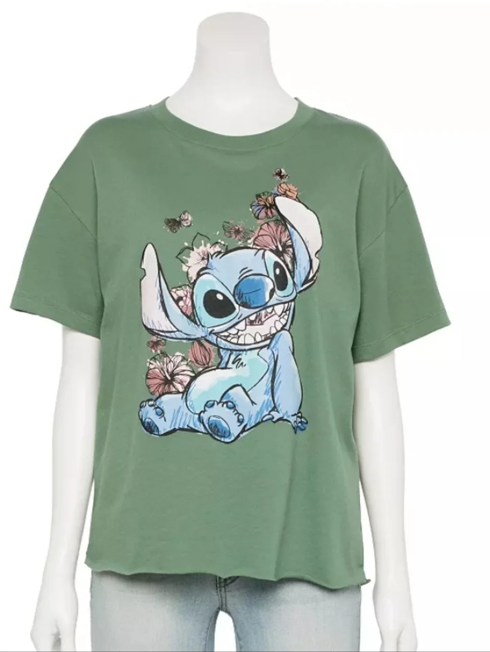 Juniors XL • Disney • Olive Green Graphic Tee with Stitch and Floral Design - Picture 2 of 7